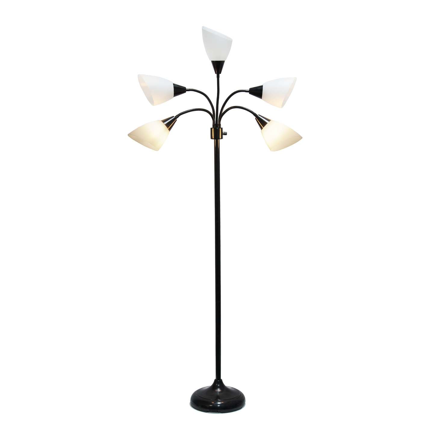 Simple Designs 67 Lampe à pied contemporaine Medusa à plusieurs têtes à 5 ampoules avec col de cygne réglable - noire et blanche