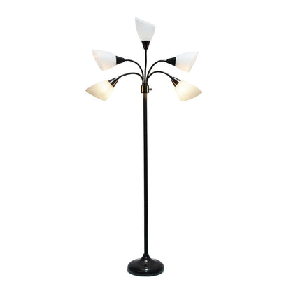 Simple Designs 67 Lampe à pied contemporaine Medusa à plusieurs têtes à 5 ampoules avec col de cygne réglable - noire et blanche