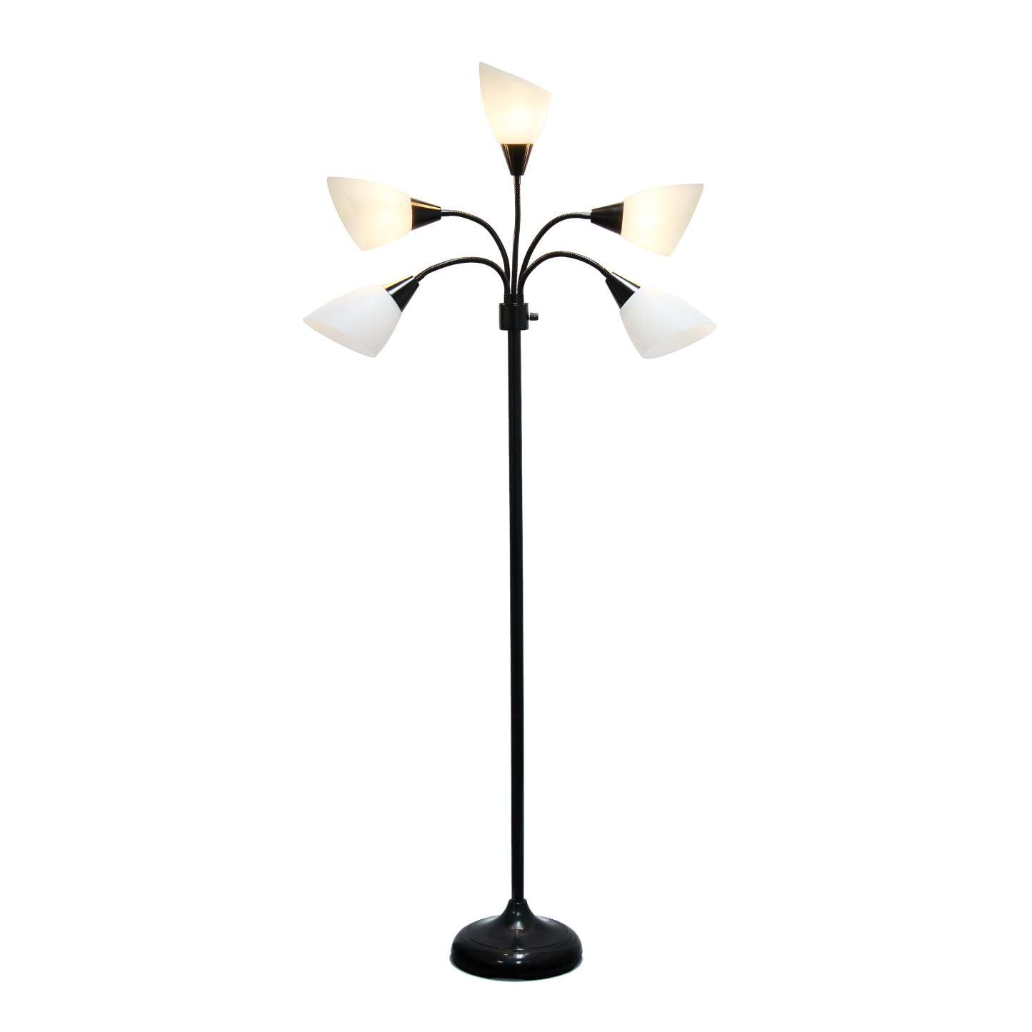 Simple Designs 67 Lampe à pied contemporaine Medusa à plusieurs têtes à 5 ampoules avec col de cygne réglable - noire et blanche