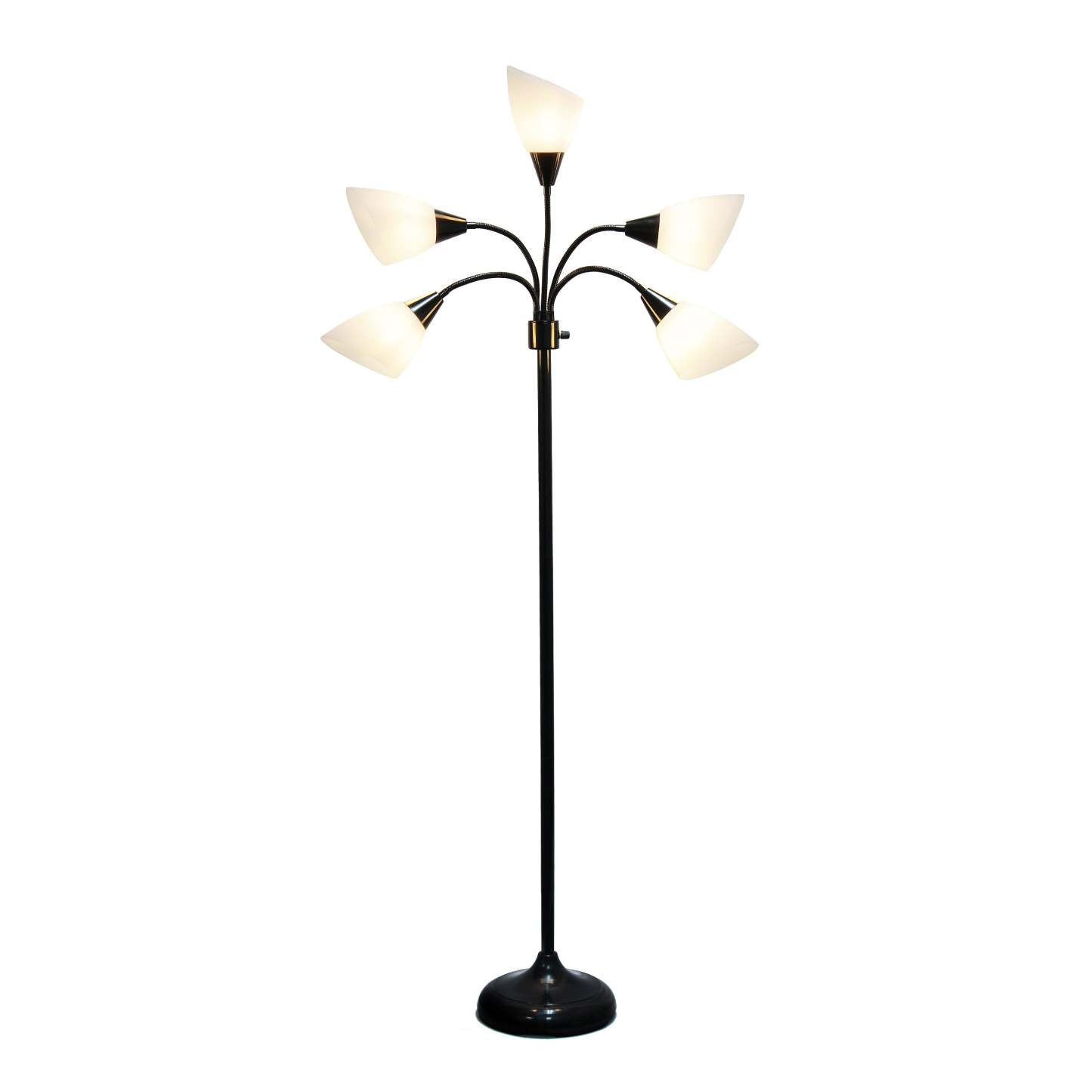 Simple Designs 67 Lampe à pied contemporaine Medusa à plusieurs têtes à 5 ampoules avec col de cygne réglable - noire et blanche