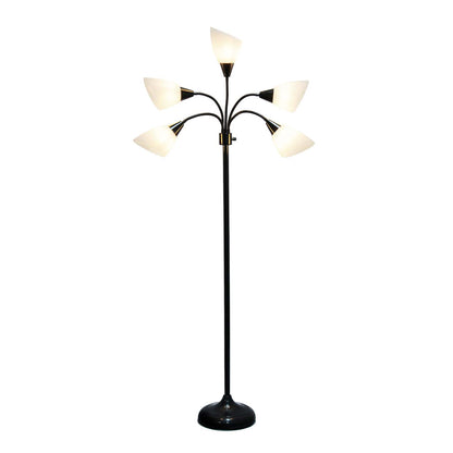 Simple Designs 67 Lampe à pied contemporaine Medusa à plusieurs têtes à 5 ampoules avec col de cygne réglable - noire et blanche