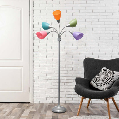 Lampe à pied contemporaine Medusa de Simple Designs de 67 po à plusieurs têtes à 5 ampoules avec col de cygne ajustable et amusant