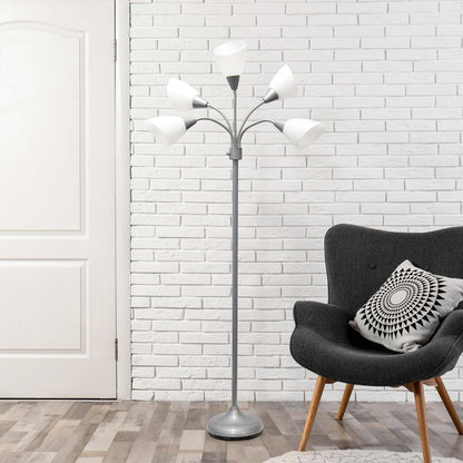 Lampe à pied contemporaine Medusa de Simple Designs de 67 po à plusieurs têtes à 5 ampoules avec col flexible blanc