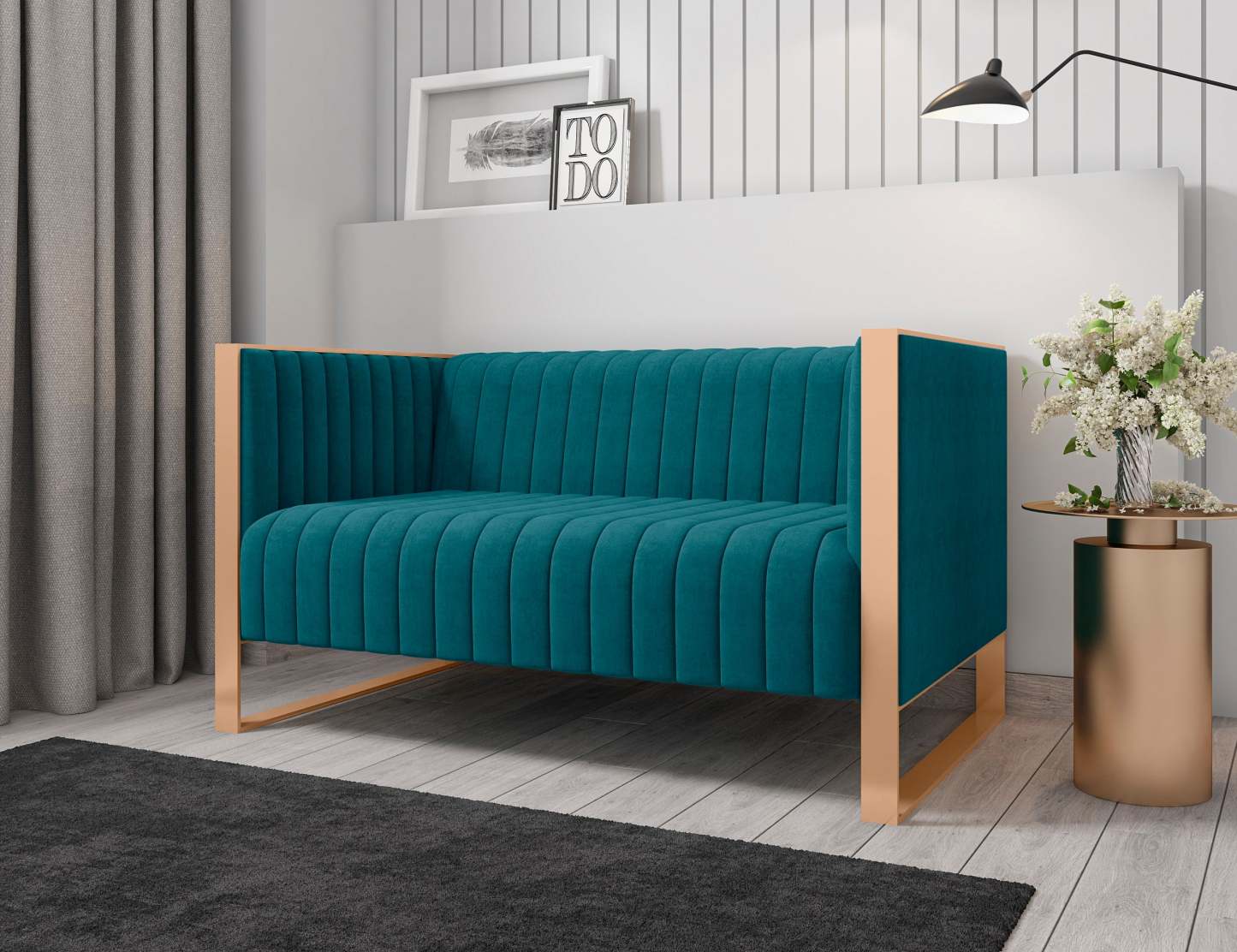Causeuse Trillium de Manhattan Comfort de 57,48 po en velours - bleu turquoise et doré