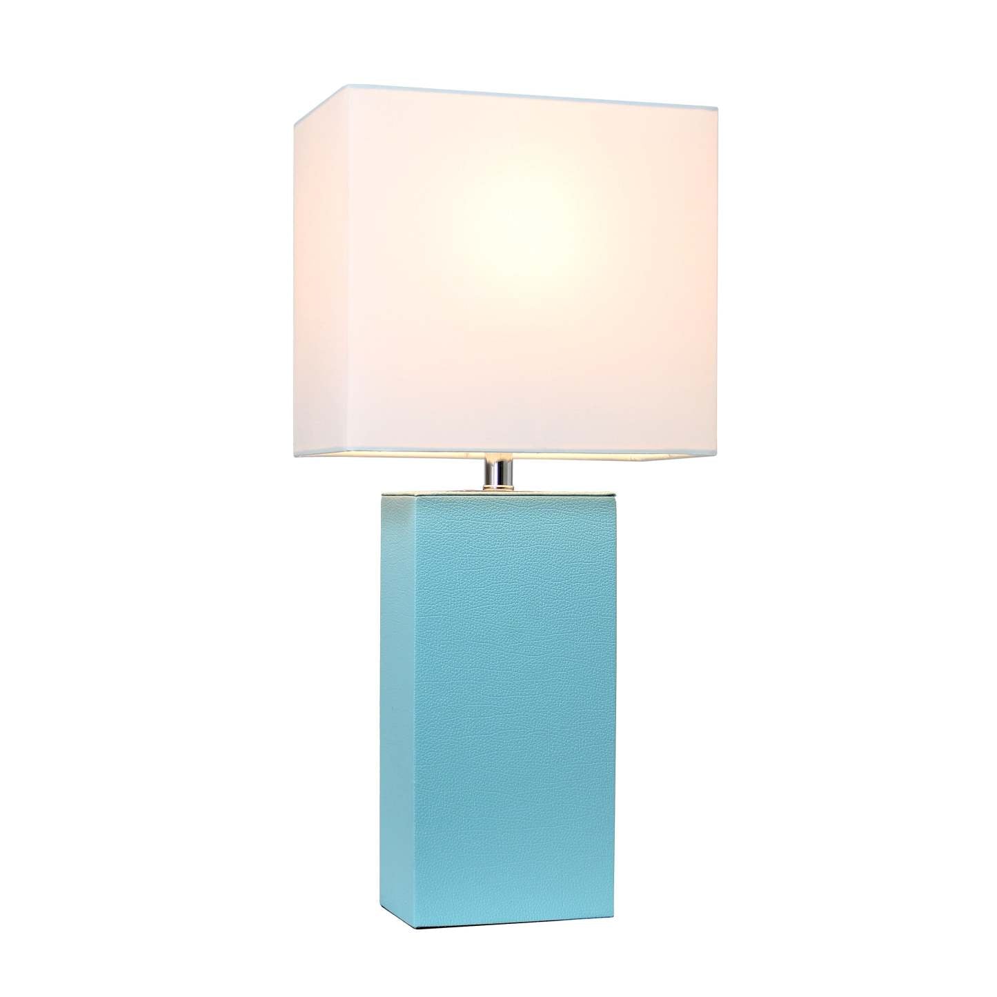 Lampe de table moderne Elegant Designs en cuir avec abat-jour en tissu blanc, turquoise | D21YP7WI