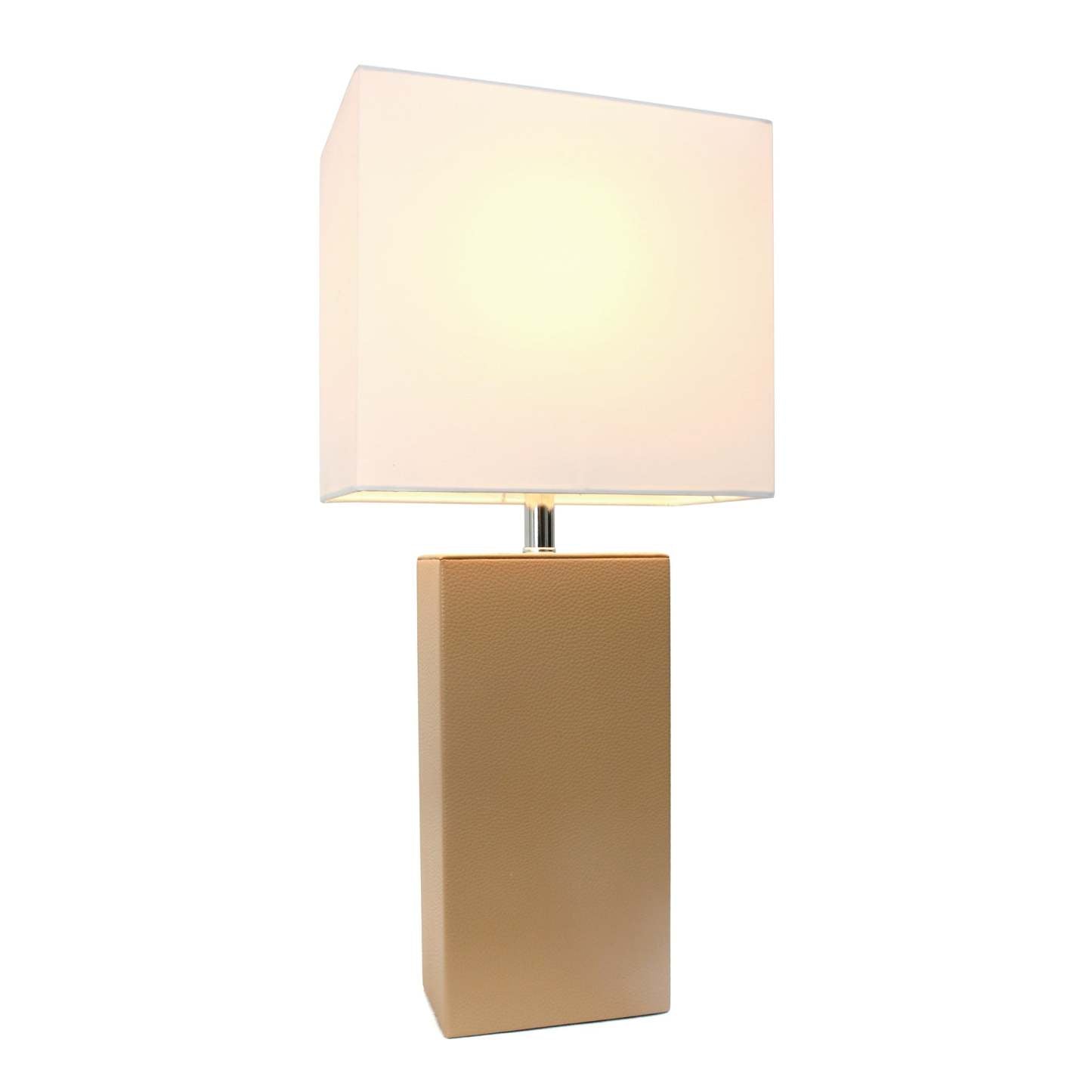 Lampe de table moderne Elegant Designs en cuir beige avec abat-jour en tissu blanc | D21AG93G