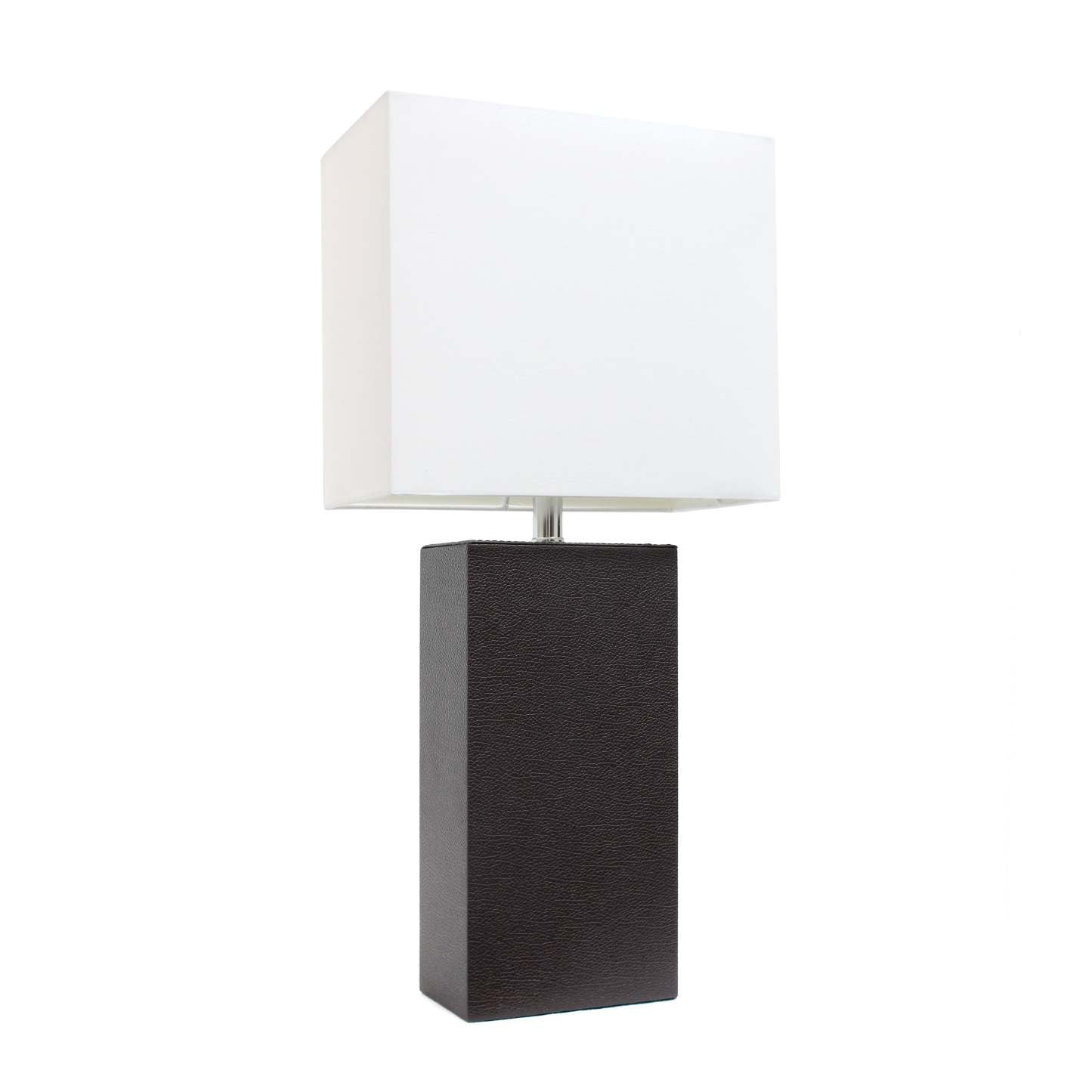 Lampe de table moderne Elegant Designs en cuir avec abat-jour en tissu blanc, brun expresso | D215XMNW