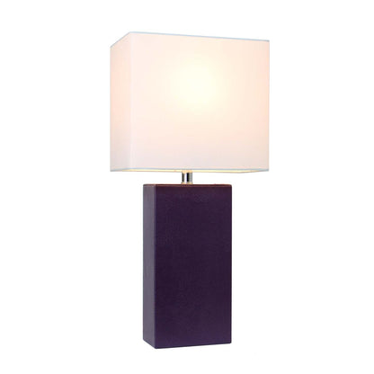 Lampe de table moderne Elegant Designs en cuir avec abat-jour en tissu blanc, aubergine | D2146UTF
