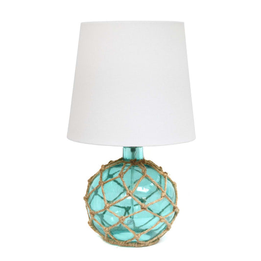 Elegant Designs Buoy Rope Nautical Netted Coastal Ocean Sea Glass Lampe de table avec abat-jour en tissu blanc, Aqua|Lampe de table Elegant Designs bouée en verre entourée d'un filet de corde nautique, turquoise|D22B3COM