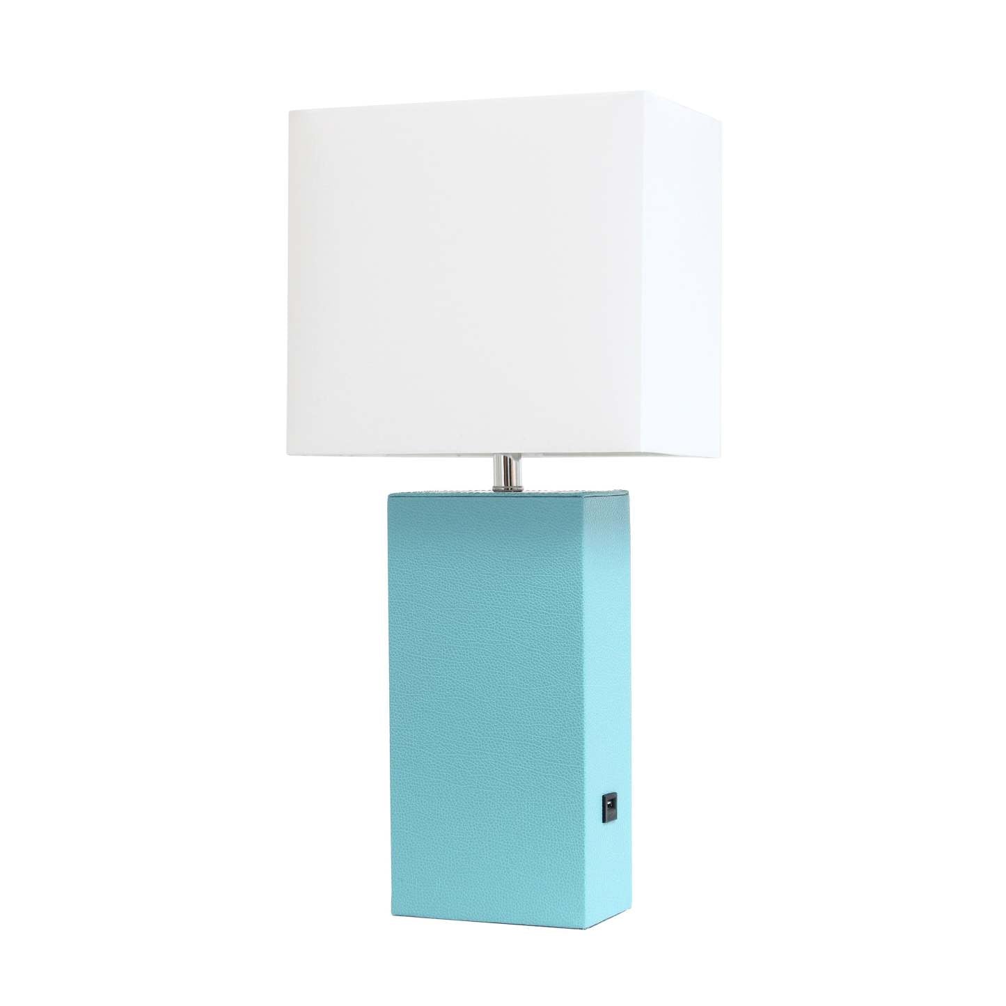 Lampe de table moderne Elegant Designs en cuir avec USB et abat-jour en tissu blanc, aqua|Lampe de table moderne Elegant Designs en cuir avec USB, turquoise|D21B1XXS