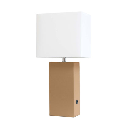 Lampe de table moderne Elegant Designs en cuir avec USB et abat-jour en tissu blanc, beige|Lampe de table moderne Elegant Designs en cuir avec USB, beige|D21R8AXR