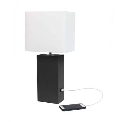 Lampe de table moderne Elegant Designs en cuir avec USB et abat-jour en tissu blanc, noire|Lampe de table moderne Elegant Designs en cuir avec USB, noire|D22R5BP1