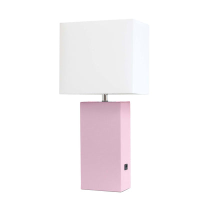 Lampe de table moderne Elegant Designs en cuir avec USB et abat-jour en tissu blanc, rose tendre|Lampe de table moderne Elegant Designs en cuir avec USB, rose tendre|D21PMNEU