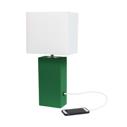 Lampe de table moderne Elegant Designs en cuir avec USB et abat-jour en tissu blanc, verte|Lampe de table moderne Elegant Designs en cuir avec USB, verte|D219NX1I