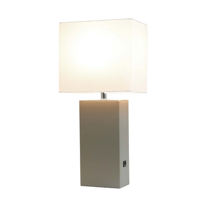 Lampe de table moderne Elegant Designs en cuir avec USB et abat-jour en tissu blanc, gris|Lampe de table moderne Elegant Designs en cuir avec USB, grise|D218300X