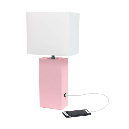 Lampe de table moderne Elegant Designs en cuir avec USB et abat-jour en tissu blanc, rose|Lampe de table moderne Elegant Designs en cuir avec USB, rose|D21E0GKN