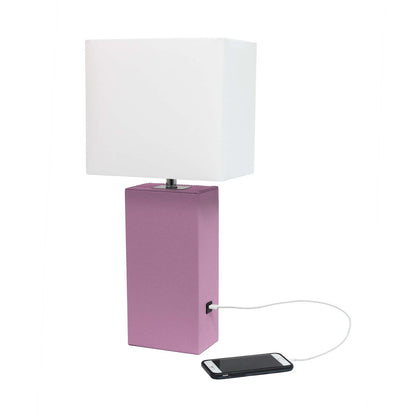 Lampe de table moderne Elegant Designs en cuir avec USB et abat-jour en tissu blanc, violet|Lampe de table moderne Elegant Designs en cuir avec USB, violette|D22EPHUD