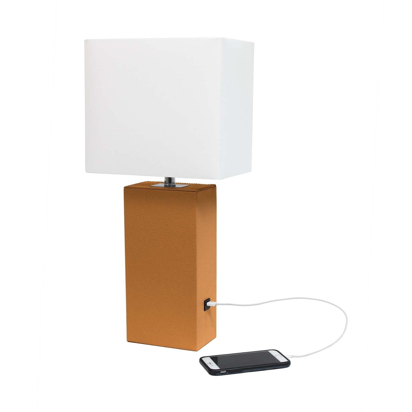 Lampe de table moderne Elegant Designs en cuir avec USB et abat-jour en tissu blanc, brun clair|Lampe de table moderne Elegant Designs en cuir avec USB, brun clair|D214UX2K