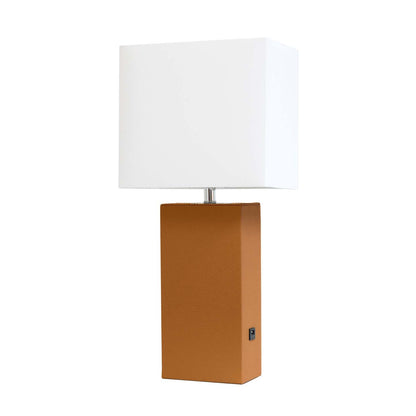 Lampe de table moderne Elegant Designs en cuir avec USB et abat-jour en tissu blanc, brun clair|Lampe de table moderne Elegant Designs en cuir avec USB, brun clair|D214UX2K