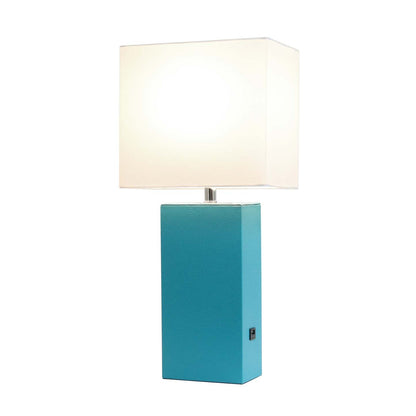 Lampe de table moderne Elegant Designs en cuir avec USB et abat-jour en tissu blanc, turquoise|D21L3SZ1