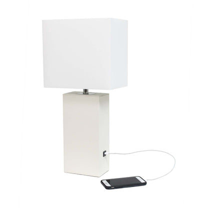 Lampe de table moderne Elegant Designs en cuir avec USB et abat-jour en tissu blanc, blanc|Lampe de table moderne Elegant Designs en cuir avec USB, blanche|D22917MY