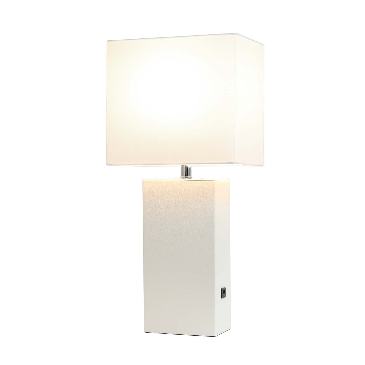 Lampe de table moderne Elegant Designs en cuir avec USB et abat-jour en tissu blanc, blanc|Lampe de table moderne Elegant Designs en cuir avec USB, blanche|D22917MY