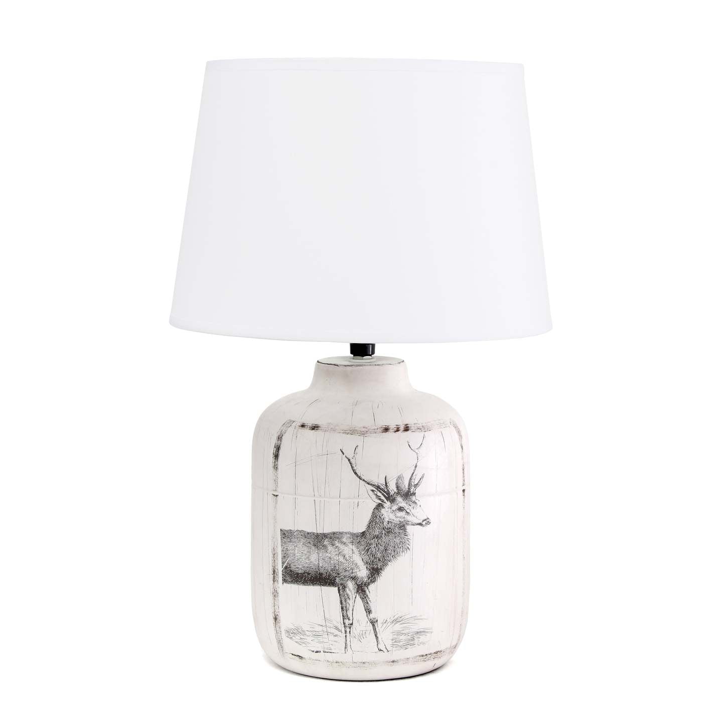 Simple Designs Rustic Deer Buck Nature Lampe de table d'appoint en céramique imprimée avec abat-jour en tissu|Lampe de table Simple Designs en céramique avec imprimé cerf et nature de style rustique champêtre|D21KSYKV