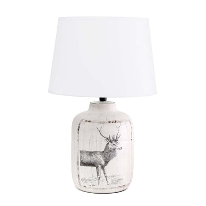 Simple Designs Rustic Deer Buck Nature Lampe de table d'appoint en céramique imprimée avec abat-jour en tissu|Lampe de table Simple Designs en céramique avec imprimé cerf et nature de style rustique champêtre|D21KSYKV