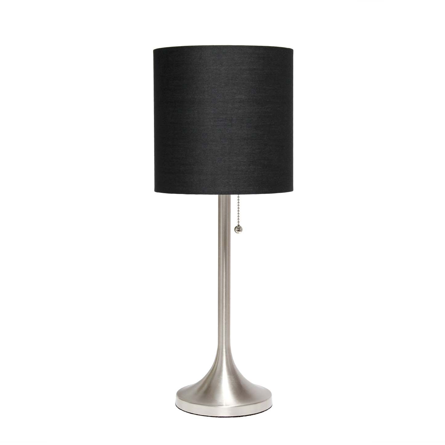 Lampe de table conique Simple Designs avec abat-jour tambour en tissu noir - Nickel brossé|Lampe de table effilée de Simple Designs avec abat-jour cylindrique en tissu noir - nickel brossé