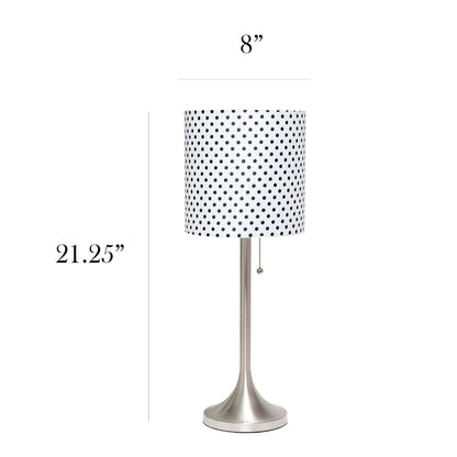 Lampe de table conique Simple Designs avec abat-jour tambour en tissu à pois - Nickel brossé|Lampe de table effilée de Simple Designs avec abat-jour cylindrique en tissu à pois - nickel brossé