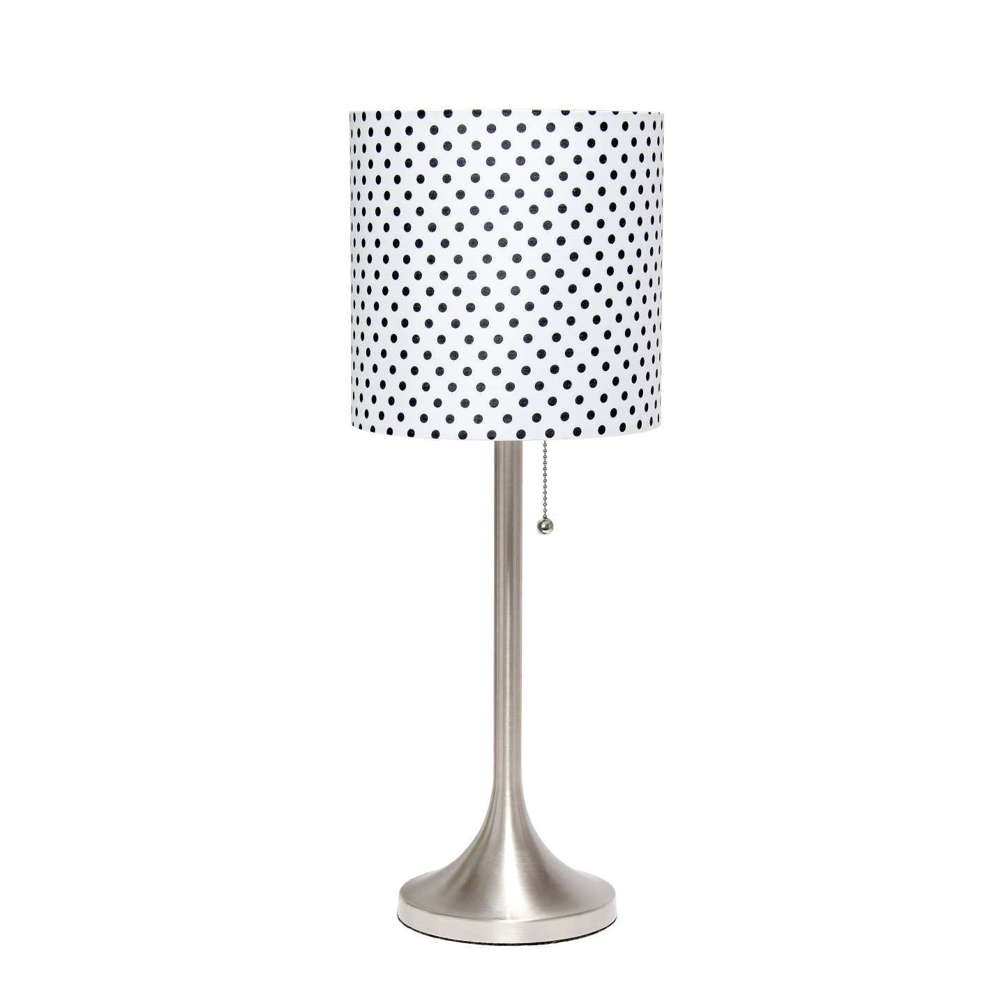 Lampe de table conique Simple Designs avec abat-jour tambour en tissu à pois - Nickel brossé|Lampe de table effilée de Simple Designs avec abat-jour cylindrique en tissu à pois - nickel brossé