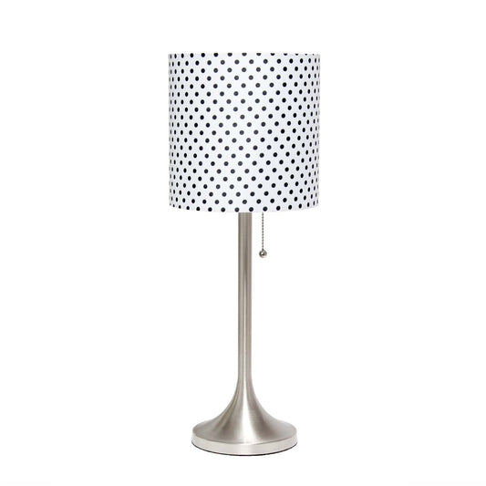 Lampe de table conique Simple Designs avec abat-jour tambour en tissu à pois - Nickel brossé|Lampe de table effilée de Simple Designs avec abat-jour cylindrique en tissu à pois - nickel brossé