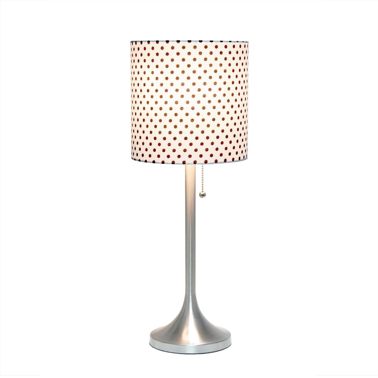 Lampe de table conique Simple Designs avec abat-jour tambour en tissu à pois - Nickel brossé|Lampe de table effilée de Simple Designs avec abat-jour cylindrique en tissu à pois - nickel brossé