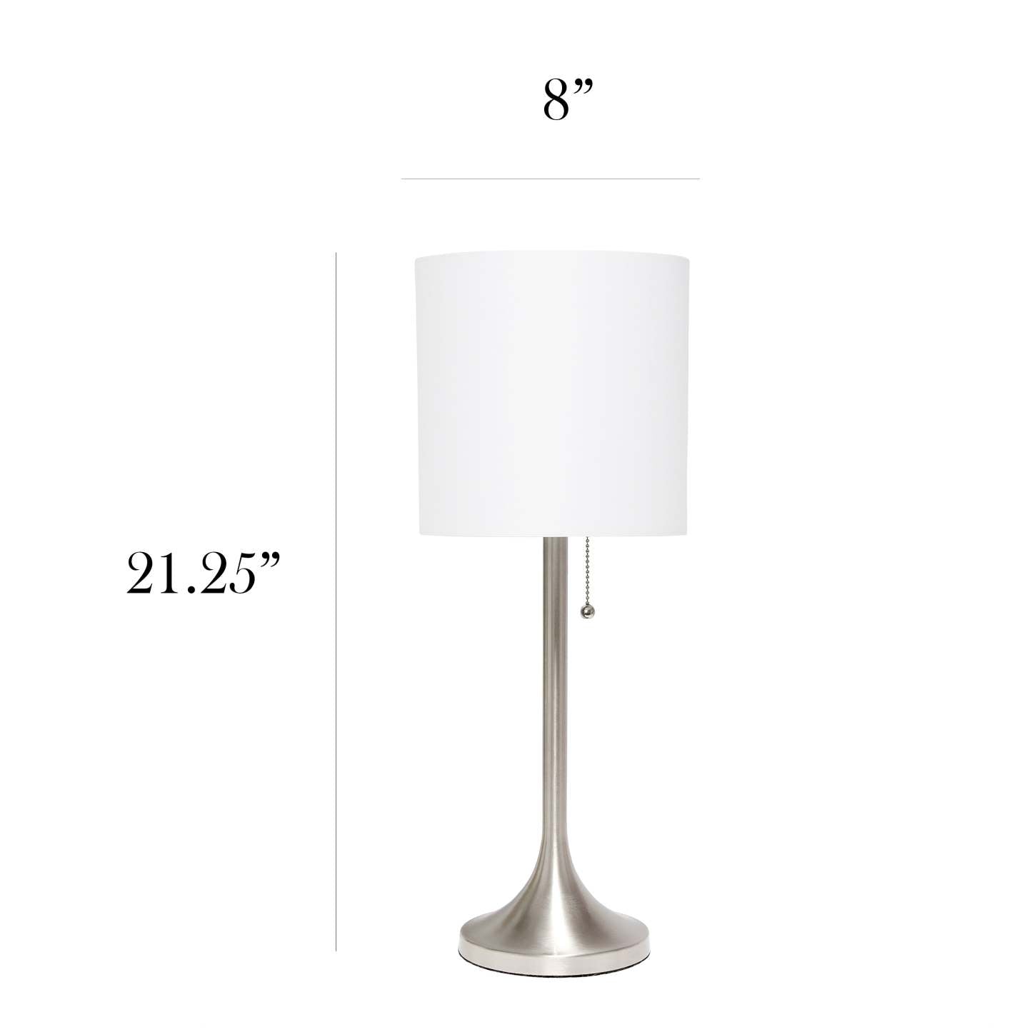 Lampe de table conique Simple Designs avec abat-jour tambour en tissu blanc - Nickel brossé|Lampe de table effilée de Simple Designs avec abat-jour cylindrique en tissu blanc - nickel brossé