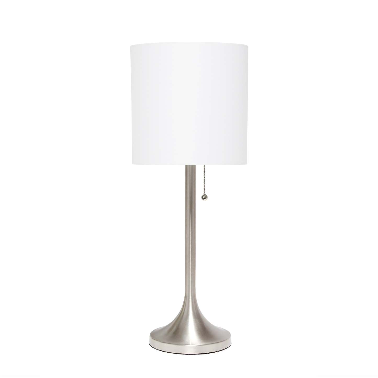 Lampe de table conique Simple Designs avec abat-jour tambour en tissu blanc - Nickel brossé|Lampe de table effilée de Simple Designs avec abat-jour cylindrique en tissu blanc - nickel brossé