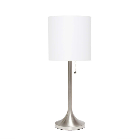 Lampe de table conique Simple Designs avec abat-jour tambour en tissu blanc - Nickel brossé|Lampe de table effilée de Simple Designs avec abat-jour cylindrique en tissu blanc - nickel brossé