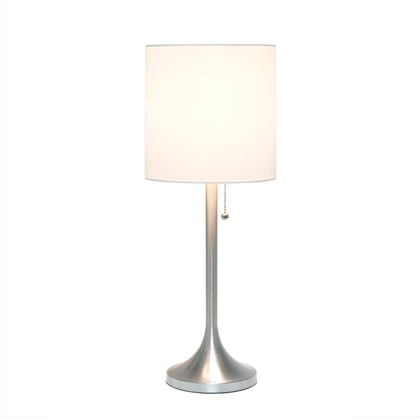 Lampe de table conique Simple Designs avec abat-jour tambour en tissu blanc - Nickel brossé|Lampe de table effilée de Simple Designs avec abat-jour cylindrique en tissu blanc - nickel brossé