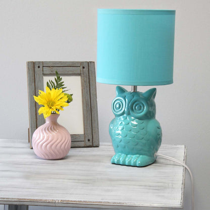 Simple Designs 12.8 Contemporary Ceramic Owl Table Lamp with Matching Fabric Shade - Tiffany Blue|Lampe de table contemporaine en forme de hibou de Simple Designs de 12,8 po en céramique avec abat-jour en tissu assorti - bleu Tiffany