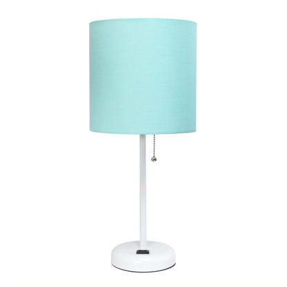 Limelights White Stick Lamp with Charging Outlet And Fabric Shade, Aqua Table Lamp|Lampe de table Limelights turquoise avec pied mince blanc et prise de recharge|D21CAP12