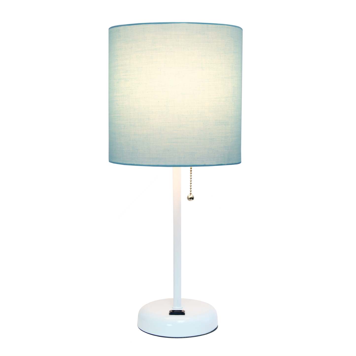 Limelights White Stick Lamp with Charging Outlet And Fabric Shade, Aqua Table Lamp|Lampe de table Limelights turquoise avec pied mince blanc et prise de recharge|D21CAP12