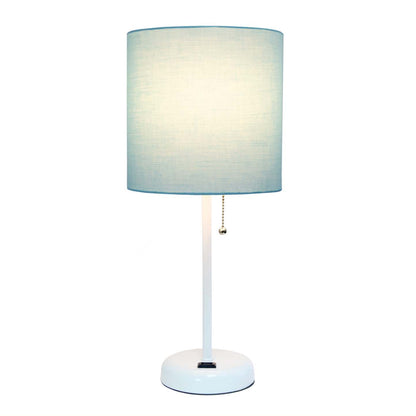 Limelights White Stick Lamp with Charging Outlet And Fabric Shade, Aqua Table Lamp|Lampe de table Limelights turquoise avec pied mince blanc et prise de recharge|D21CAP12