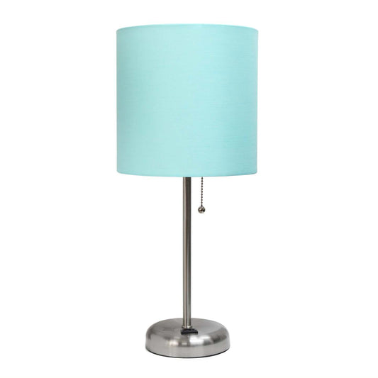 Limelights Stick Lamp with Charging Outlet And Fabric Shade, Aqua Table Lamp|Lampe de table Limelights turquoise avec pied mince et prise de recharge|D21RWNXM
