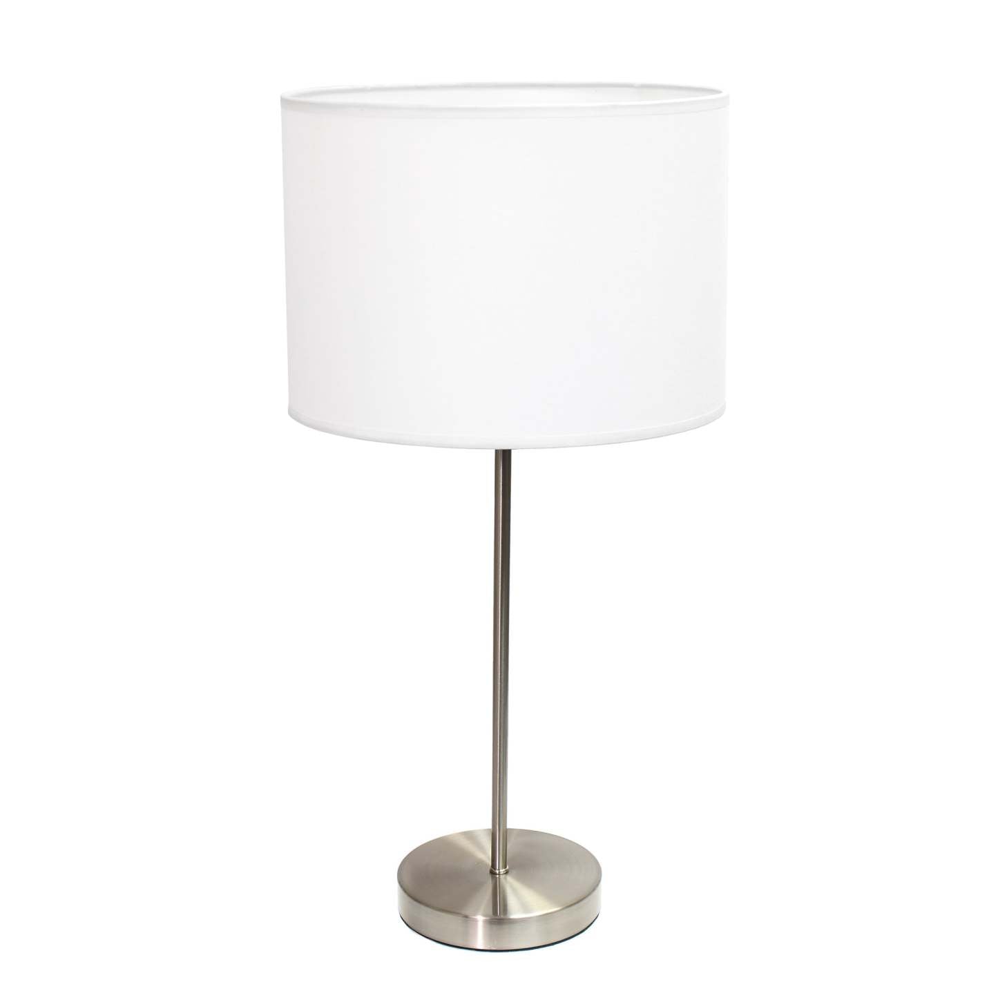 Simple Designs Brushed Nickel Stick Lamp with Fabric Shade, White Table Lamp|Lampe de table blanche Simple Designs avec pied mince nickel brossé|D21RJG62