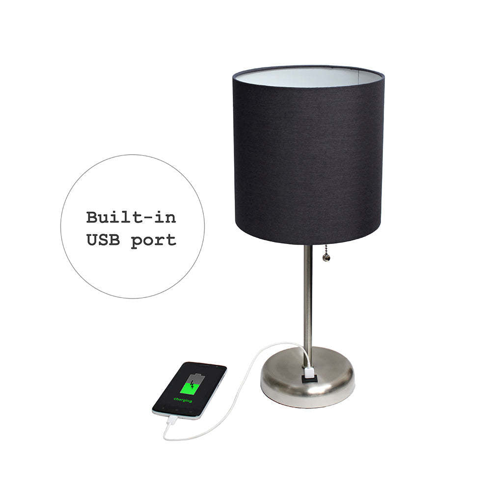 Limelights Stick Lamp with Usb Charging Port And Fabric Shade, Black  Table Lamp|Lampe de table Limelights noire avec pied mince et port de recharge USB|D21Z6B4C