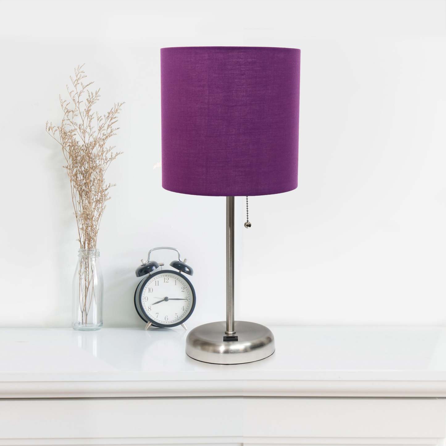 Limelights Stick Lamp with Usb Charging Port And Fabric Shade, Purple Table Lamp|Lampe de table Limelights violette avec pied mince et port de recharge USB|D21RNYZB
