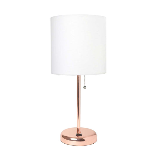 Limelights Rose Gold Stick Lamp with Usb Charging Port And Fabric Shade, White Table Lamp|Lampe de table Limelights blanche avec pied mince or rose et port de recharge USB|D21FX7PW