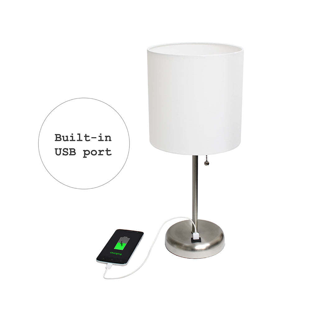 Limelights Stick Lamp with Usb Charging Port And Fabric Shade, White Table Lamp|Lampe de table Limelights blanche avec pied mince et port de recharge USB|D21Y6R3Q