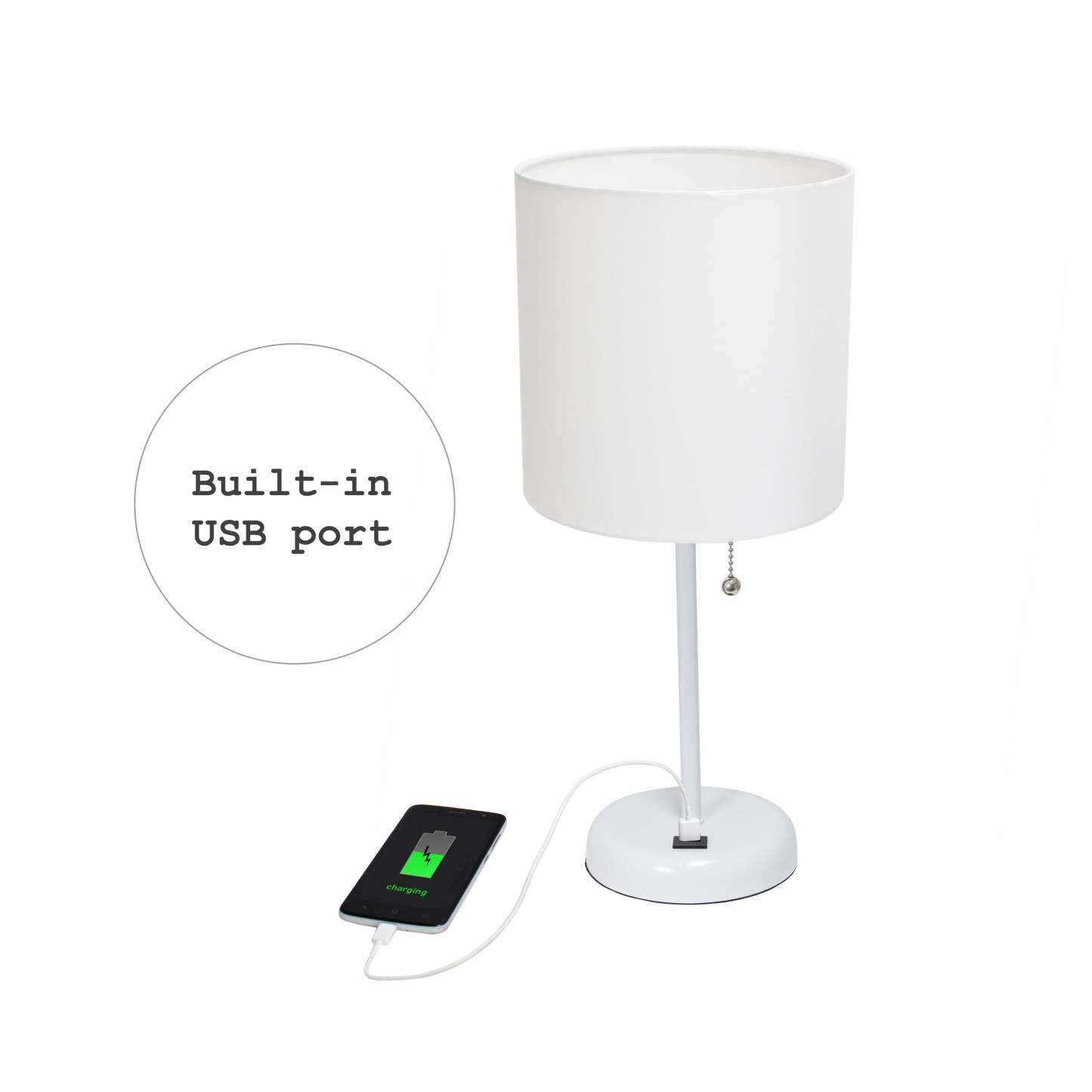 Lampe de table Limelights blanche avec pied mince et port de recharge USB | D213UBIG
