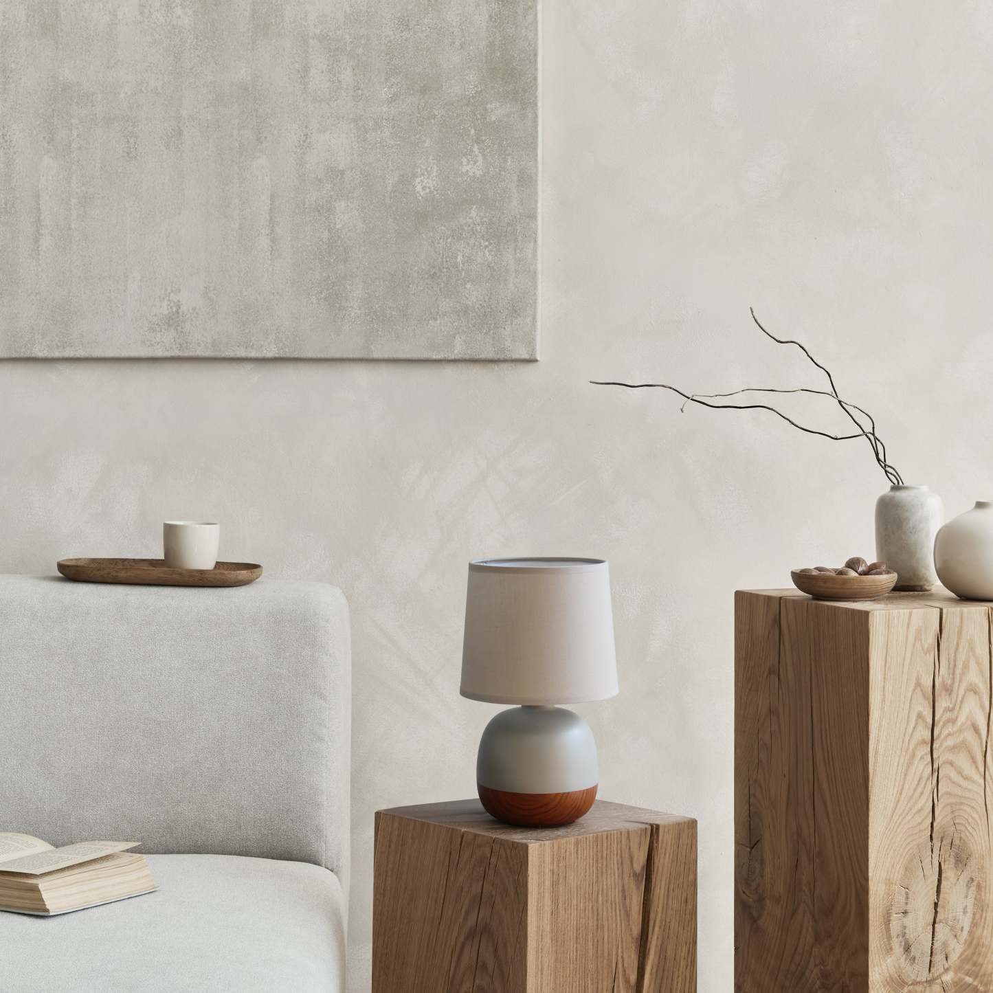 Lampe de table Petite de Simple Designs de style du milieu du 20e siècle - bois foncé et gris clair