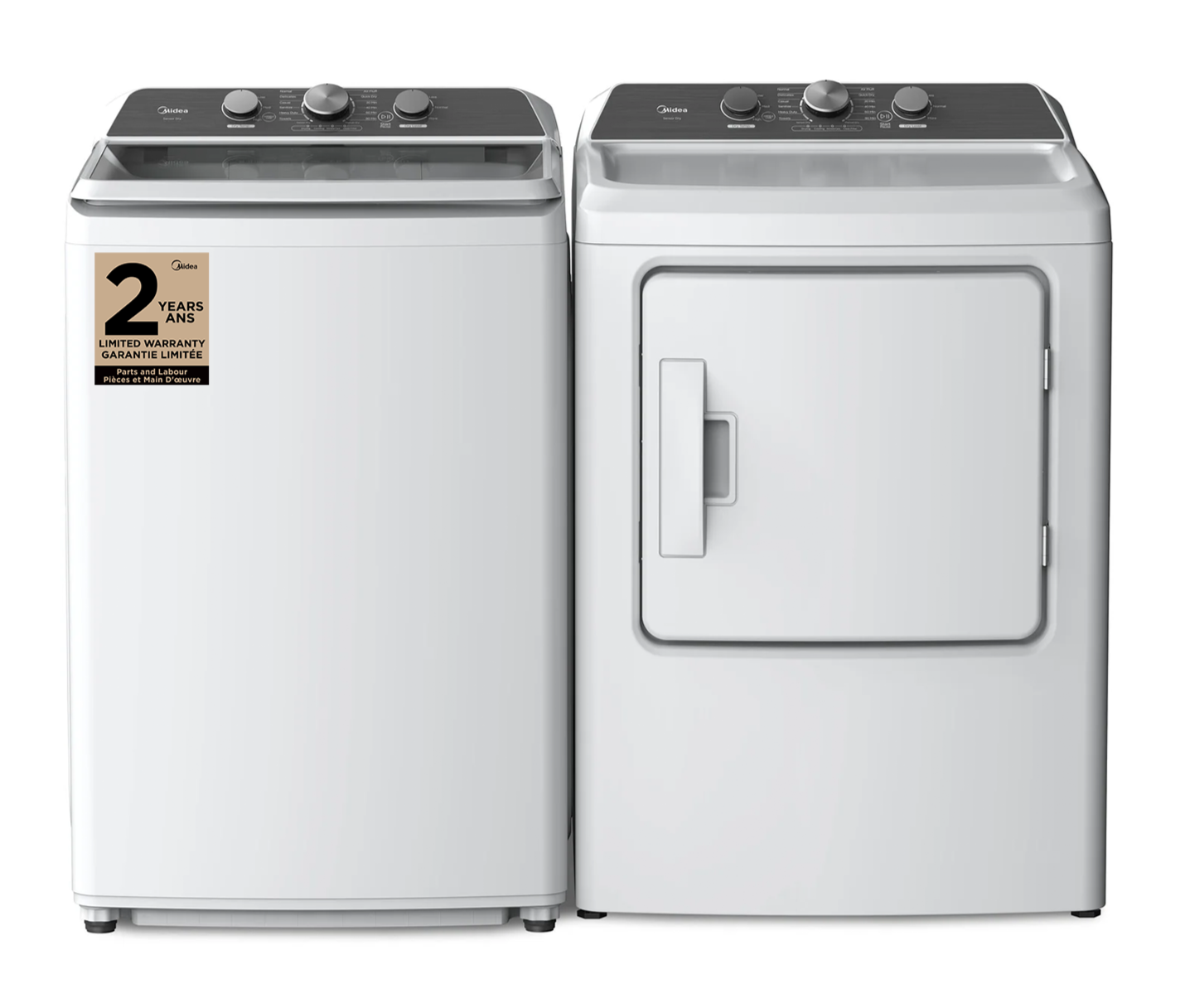 Midea 4,3 pi³ Laveuse à chargement par le haut et 6,7 pi³ Sécheuse électrique - blanche | Laveuse à chargement par le haut de 4,3 pi³ et sécheuse électrique de 6,7 pi³ de Midea - blanche | MITL43AW